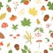 Vector seamless pattern with cute autumn herbs, plants, flowers, berries. Flat style repeat background with leaves, apple, acorns