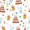 Vector seamless pattern with cute cake, candles, sweets. Party celebration repeating Birthday background. Vector holiday digital