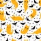 Vector seamless pattern with cute cats ghost and bats silhouette