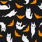 Vector seamless pattern with cute cats ghost and bats silhouette