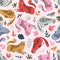 Vector seamless pattern with cute cheetahs on the pink background. Tropical animals. Fashionable fabric design