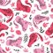 Vector seamless pattern with cute cheetahs with pink leaves. Tropical animals.