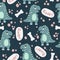 Vector seamless pattern with cute dinosaurus in flat cartoons style. Childish repeated background with funny dinosaurs in kids doo