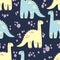 Vector seamless pattern with cute dinosaurus in flat cartoons style. Childish repeated background with funny dinosaurs in kids doo