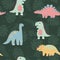 Vector seamless pattern with cute dinosaurus with tropicals leaves on stripes background in flat cartoons style. Childish repeated