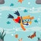 Vector seamless pattern with cute diving cat. Creative vector childish background for fabric, textile, nursery wallpaper, poster,