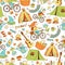 Vector seamless pattern with cute doodle family. Equipment for c