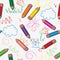 Vector seamless pattern. Cute drawings and pencils on a checkered Background