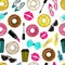 Vector seamless pattern with cute, fashion, style girl`s stuff. Trendy colors. Fashion print with donuts,coffee and cosmetics