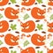 Vector Seamless Pattern with Cute Foxes, Mushrooms, Berries and Leaves. Forest Fox Seamless Pattern.