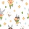 Vector seamless pattern with cute funny bunny and happy children with ears, colored eggs