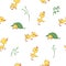 Vector seamless pattern with cute funny yellow cartoon ducklings and green plants.