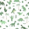 Vector seamless pattern with cute green dinosaurs with palm trees, cactus, stones,