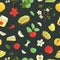 Vector seamless pattern of cute hand-drawn apples, apple pie, flowers, jam jar. Colorful repeat background. Home made food theme.