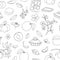Vector seamless pattern of cute hand-drawn apricots, pie, flowers, jam jar. Black and white repeat background. Home made food