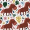 Vector seamless pattern with cute hand drawn horse, flowers and leaves