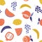 Vector seamless pattern with cute hand drawn various fruits watermelon, bananas, lemons, grapes