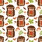 Vector Seamless Pattern with Cute Hedgehogs, Mushrooms, Berries and Leaves. Forest Hedgehog Seamless Pattern.