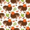 Vector Seamless Pattern with Cute Hedgehogs, Mushrooms, Berries and Leaves. Forest Hedgehog Seamless Pattern.