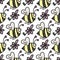 Vector seamless pattern with cute little bees, hearts and flowers.