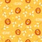 Vector seamless pattern with cute little orange lions playing in forest foliage