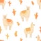 Vector seamless pattern with cute llamas and cacti. Monochrome orange print on a white.