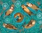 Vector seamless pattern with cute lovely otters in the sea. Decorative surface background