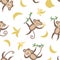 Vector seamless pattern with cute monkeys and bananas. Funny tropical animals and fruit digital paper. Bright flat background for