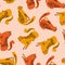 Vector seamless pattern with cute orange and red cheetahs on the pink background. Tropical animals.