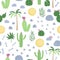 Vector seamless pattern with cute palm trees, cactus, stones, sun, footprints, bones for children. Summer flat cartoon background