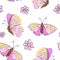 Vector seamless pattern of cute pink butterflies and flowers in flat style. Glade, forest edge. Background and texture