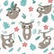 Vector seamless pattern with cute sloths in different positions.