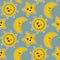Vector seamless pattern with cute smiling sun, moon, star faces.