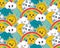 Vector seamless pattern with cute smiling sun, moon, star, rainbow, cloud, snowflake, rain drop faces