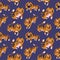 Vector seamless pattern with cute tigers on the dark violet background. Circus animal show. Fashionable fabric design