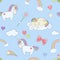 Vector seamless pattern with cute unicorns, rainbow clouds, magicsticks and heart stars. Magic dream background with