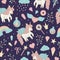 Vector seamless pattern with cute watercolor style unicorns