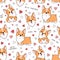 Vector seamless pattern with cute Welsh corgi dogs and hearts. Colorful illustrations on white background