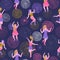 Vector seamless pattern with dancing girls and fireworks.