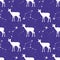 Vector seamless pattern of deep blue violet starry dust and grain background with white deers or does and constellations of stars