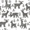 Vector seamless pattern with deer herd in forest. Hand drawn tex