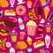 Vector seamless pattern with dessert, drink, snack illustration: donut, popcorn, coffee, croissant, cupcake isolated on pink backg