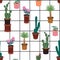 Vector seamless pattern with different cactus in many kind of pots on window check line ,Hand drawing background with desert