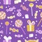 Vector seamless pattern of different candies, lollipops and gift boxes in bright colors on a vivid purple background.