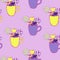 Vector seamless pattern of different candies and lollipops in mugs.