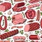 Vector seamless pattern with different color meat products in sketch style. Sausages, ham, bacon, lard, salami