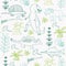 Vector seamless pattern, dinosaurus, tyranosaurus, stegosaurus, horsetail, prehistoric flowers. Linear.