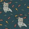 Vector seamless pattern of dizzy cats dreaming about delicacies â€“ fish, sausages, chicken