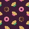 Vector seamless pattern with donuts glazed by chocolate and strawberry cream and muffins. Design for booklet, menu, wrapping, text