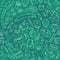Vector seamless pattern with doodle school supplies on green background.